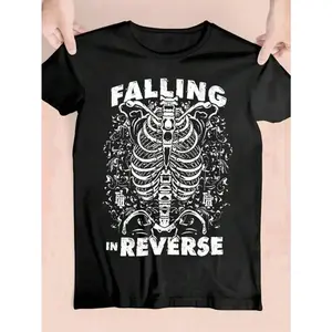 Halloween Shirt For Kids Falling In Reverse Graphic Cotton T-Shirt For Teens - Stylish Black Skeleton Design, Comfortable Casual Round Neck Knit Top, Perfect For All Seasons, Graphic Tee  Stylish Round Neck  Medium Stretch Fabric, Halloween Gift