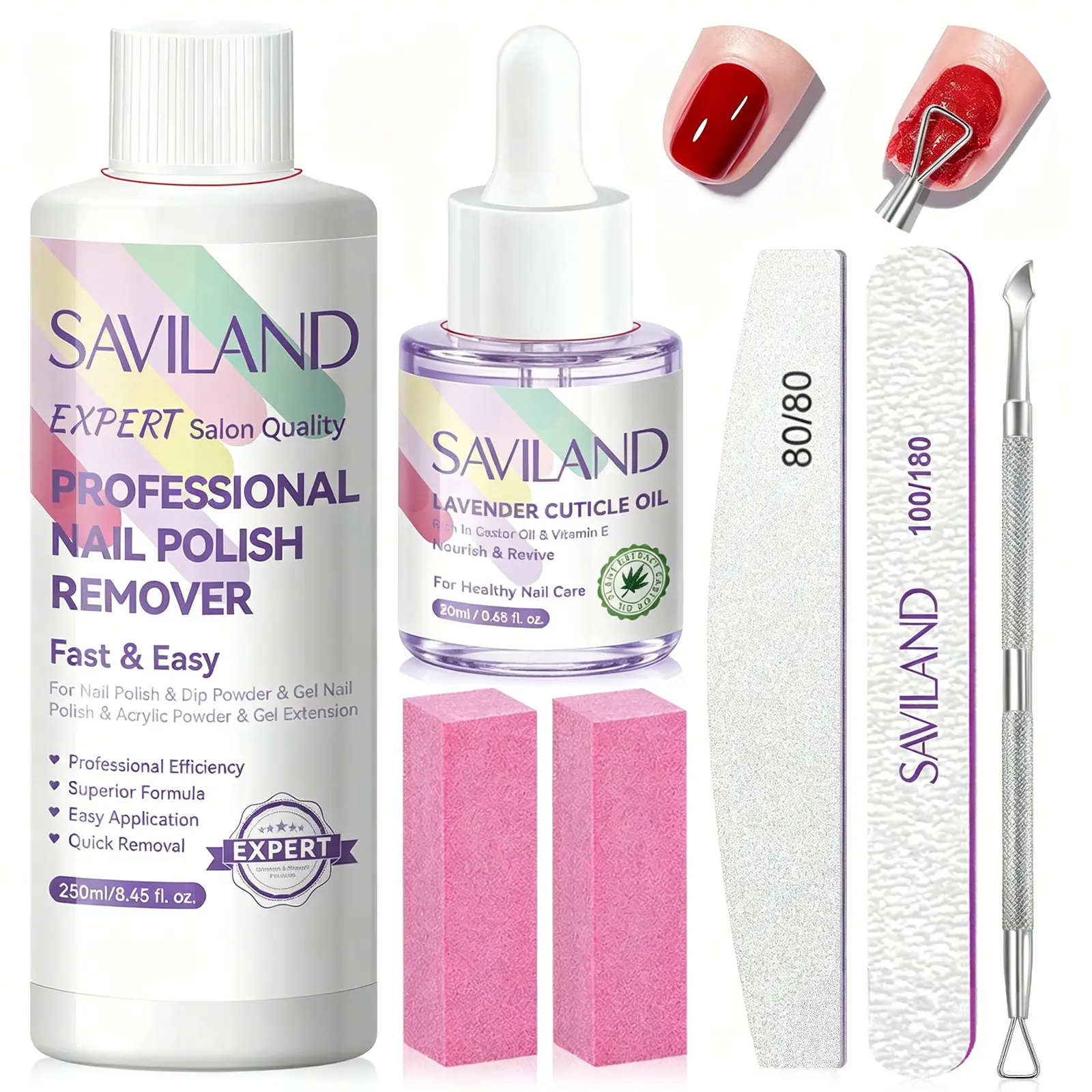 SAVILAND 100% Acetone Nail Polish Remover Set – 8.45oz Professional Nail Polish Remover with Cuticle Oil (Castor Oil & Vitamin E), Nail File & Buffer for Nail Repair and Care