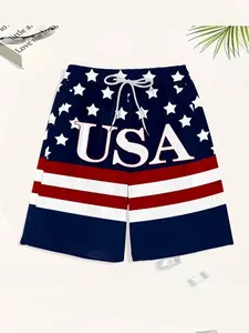 Men's American Flag Color-Blocked Swim Shorts with 3D Digital Print for Sports and Leisure Menswear Wetsuit