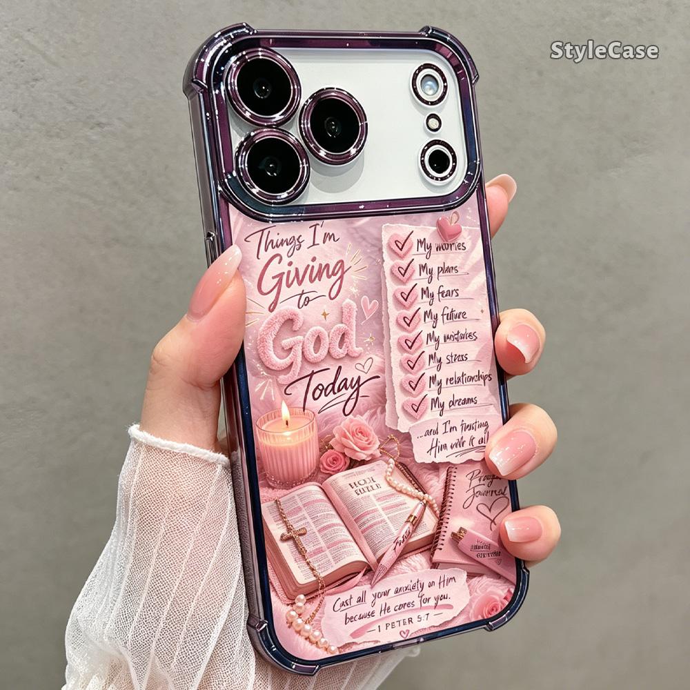 Giving to God Prayer Phone Case for iPhone 17 16 15 14 13 12 11 Pro Max Plus Air, Christian Faith Bible Verse Pink Clear TPU Shockproof Metallic Edge Cover Religious Gift DDSJ260627020