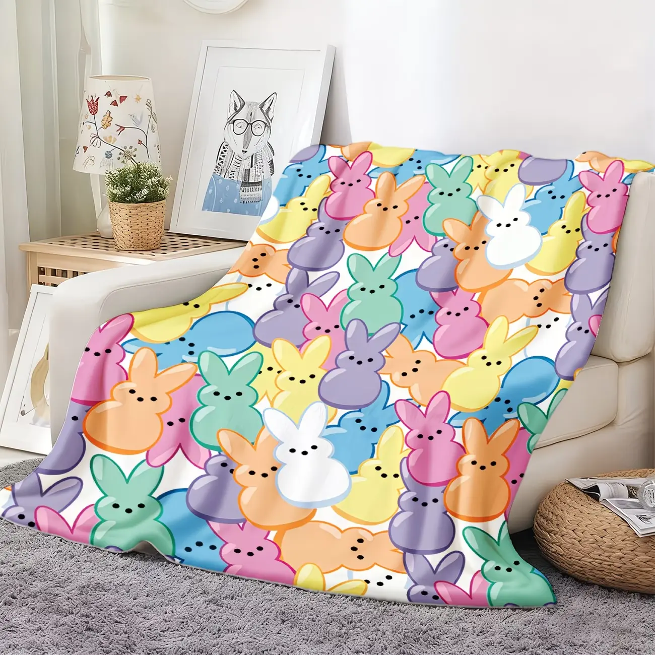 Easter Rabbit Flannel Blanket - Bohemian Pastel Bunny High-Definition Print, Colorful Fuzzy Soft Fluffy Polyester Fabric, Flannel Texture All-Season Throw for Home & Travel, Machine-Washable Home Decor Gift