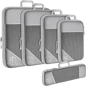 5pcs See Through Mesh Compression Packing Cubes with Shoe Bag Double Zipper Handle for Suitcases Luggage Organizer Travel Grey