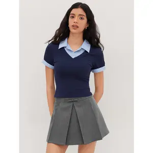 Cider Cotton Collar Stripe Two Tone Short Sleeve Top