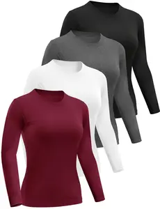 Cymebosilux 4 Pack Women’s Long Sleeve Basic Shirts Crew Neck Slim Fitted Compression Gym Workout Athletic Underscrubs Tops