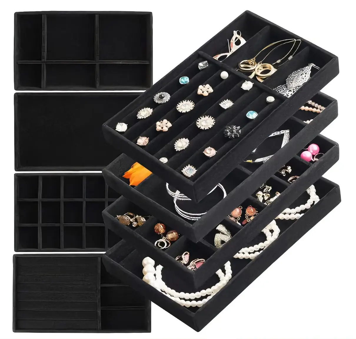 8-Pack Velvet Jewelry Organizer Trays for Drawers – Stackable Black Velvet Insert Trays for Rings, Earrings, Necklaces & Bracelets Boxes