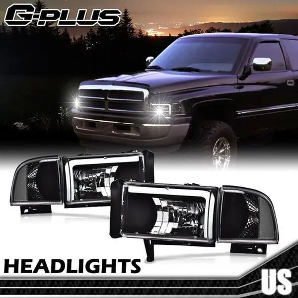 G-PLUS Headlights for 1994-2002 Dodge Ram 1500 2500 3500 LED DRL Corner Headlights Black/Clear