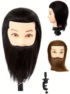 Men's Face Shape Base with Beard Full Real Hair Salon Hairstyle Training Wig Head Model, Professional Hairdresser Dummy