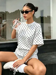 Women's Polka Dot 2 Piece, Casual Oversized T-Shirt & Shorts, Elastic Waist Loungewear, Summer Comfy Sleepwear Pjs Tracksuit