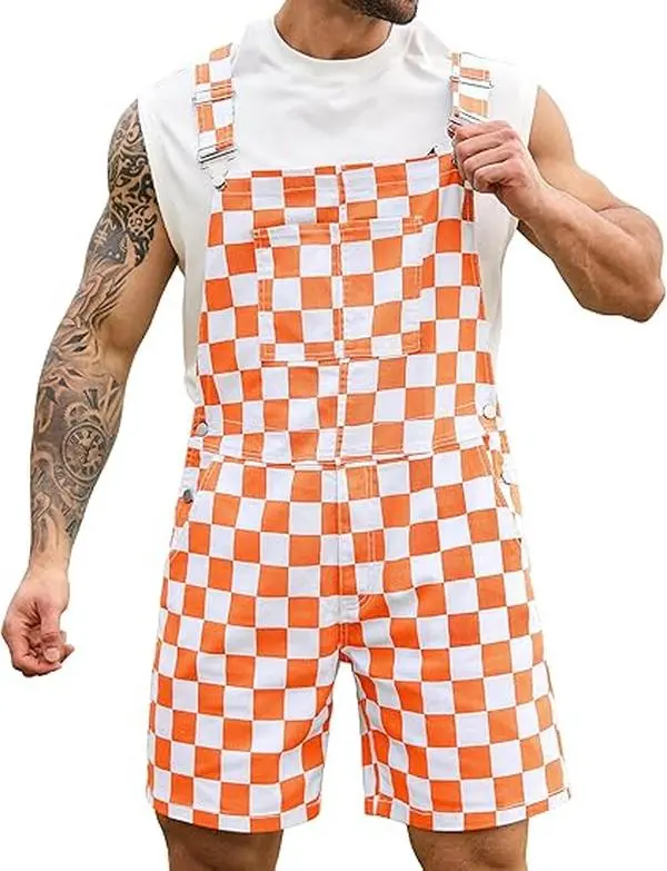 OPDNBON Christmas Checkered Bib Overalls for Men and Women Thanksgiving Stretchy Denim Adjustable Straps Jumpsuit Shorts Work Coveralls Football Game Outfits Spring Fashion Menswear Womenswear