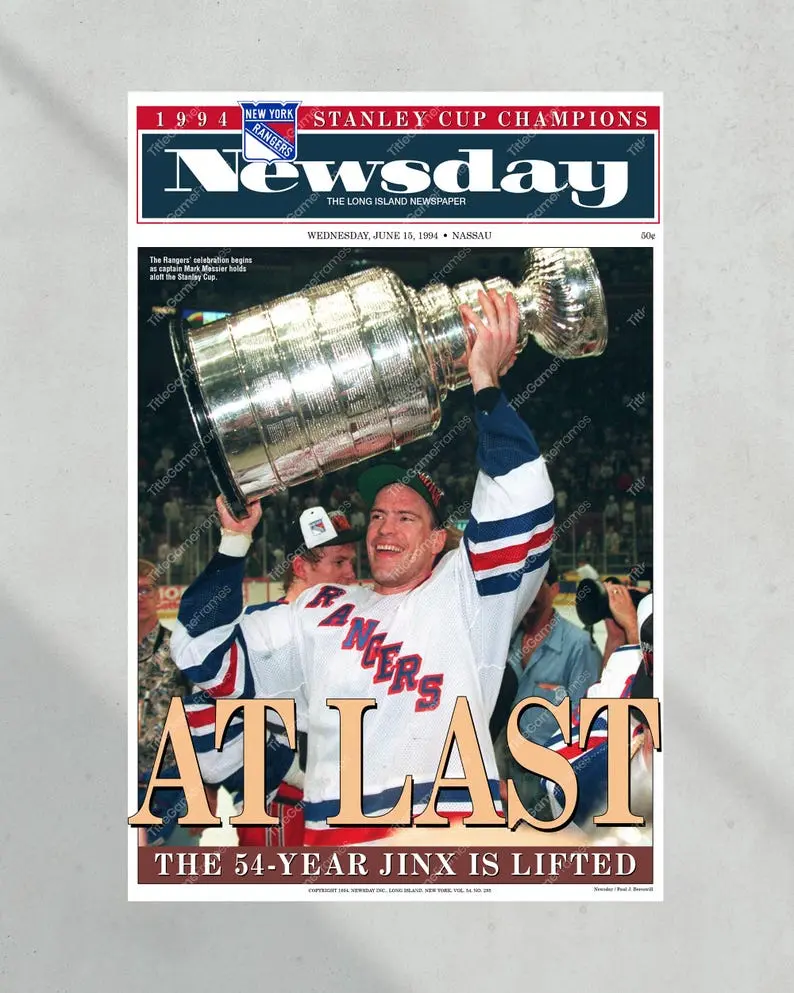 1994 NY Rangers “At Last” Stanley Cup Champion UNFRAME POSTER PRINT Front Page Newspaper Print