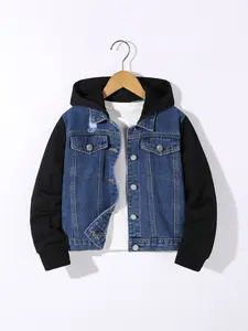 Boys' Blue Denim Jacket with Hoodie Design, Autumn Winter Casual Streetwear, Medium Washed, Perfect for Daily Casual Jackets, Casual Comfy Jacket