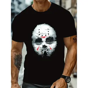 Men's Friday The 13th Horror Graphic T-Shirt With Jason Voorhees Mask Print Comfortable Cotton Tee For Street Style Summer Wear