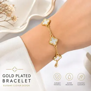 Female 3-Color Clover Design Gold-Plated Bracelet - Minimal Luxury Casual Daily Costume Fashion Jewelry Bangle Accessory