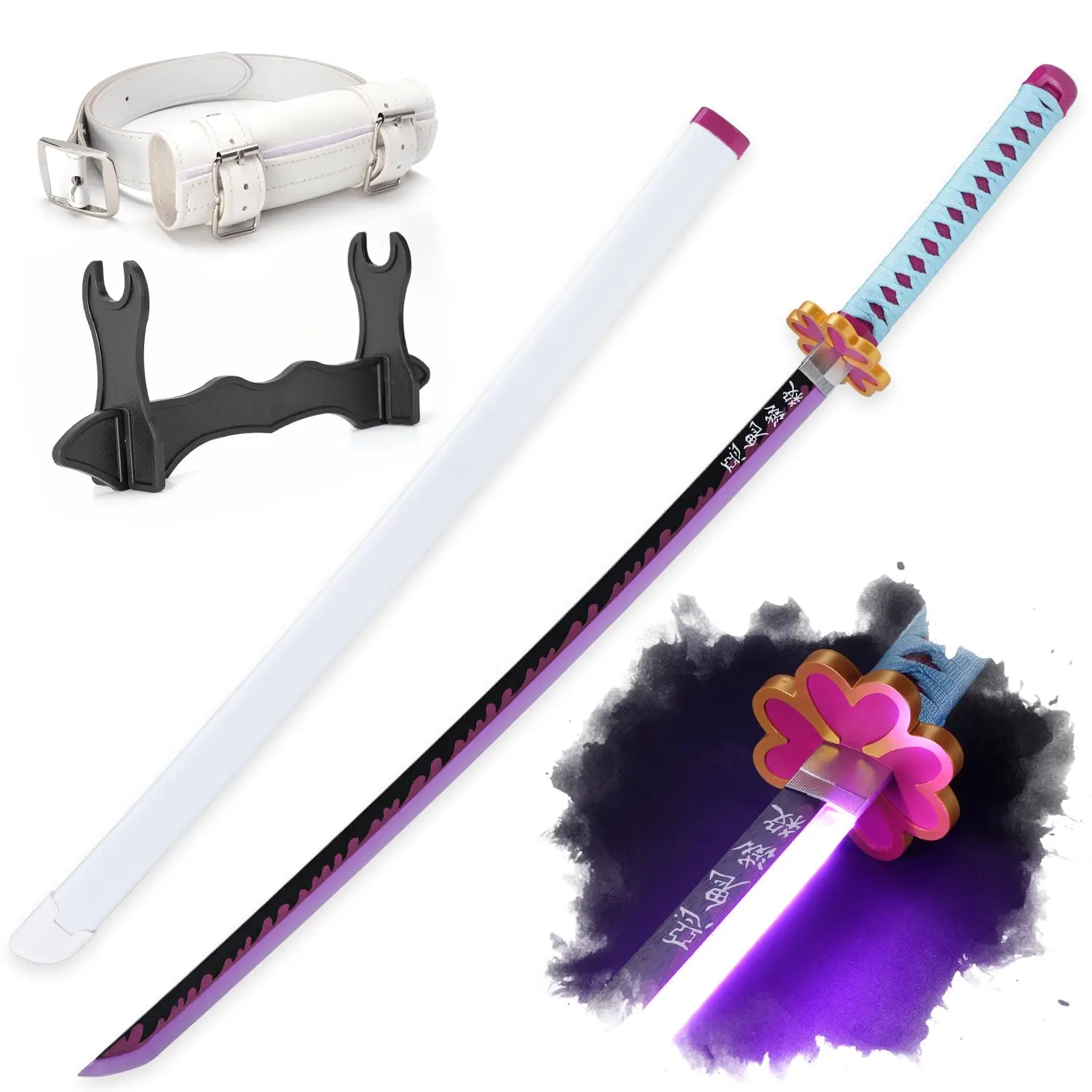 ELERVINO 41in LED Lighting Plastic Anime Sword Replica - Demon Slayer Kanroji Mitsuri Cosplay Props with White Belt, Holder Stand for Halloween Role Playing, Christmas Decoration, Collectibles