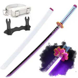 ELERVINO 41 inches LED Demon Slayer Cosplay Sword Kanroji Mitsuri Light Swords with White Belt & Holder Stand Display for Halloween Anime Role Playing Props Cosplay Collection Decoration Christmas Gift Birthday Decoration