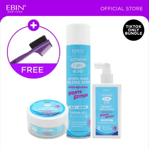 EBIN Sports Edition Wonder Curl Bond Edge Tamer + Holding Spray + Humidity Shield Spray Bundle with Free Edge Brush | Enhanced Curl Definition, Extreme Hold, Sweatproof, Water-resistant