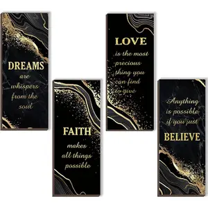 4 Pcs Black and Gold Bathroom Decor Gold Wall Decor with Dreams Faith Love Believe Wooden Rustic Marble Style Versatile Bathroom Accessories for Bedroom Living Room Kitchen(Black Gold 10X4)