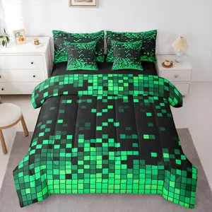 Green Black Pixel Art Comforter Set with Sheets 7 Piece Gamer Bedding Set for Kids Boys Girls Retro Pixel Bed in a Bag Nostalgic 8-bit Room Decor Soft Lightweight Microfiber