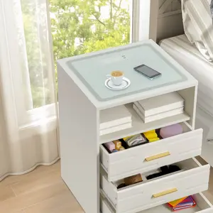 Smart LED Bedside Table with USB-C/Type-C Charging Ports & 3-Level Adjustable Lighting, Modern White Nightstand with Storage Drawers for Bedroom