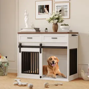 44.5'' Dog Crate Furniture with Hook and Storage Drawer, Wooden Dog Kennel with Barn Door Indoor Furniture Style Dog Crates End Table, Decorative Pet Cage for Indoor, White/Black/Grey