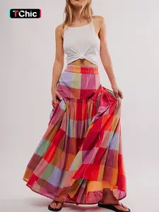 Summer Casual Plaid Patchwork Long Skirt, High Waist Loose-Fitting, Vacation Style, Spring & Fall Fashion, Women's Clothing