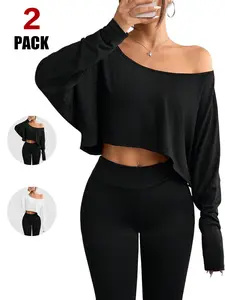Women's Off-Shoulder Crop Top, Long Sleeve Boat Neck Design, Oversized Fit for Workouts & Daily Wear, Lightweight Comfortable Tee, Casual
