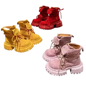 Women's Chunky Platform Motorcycle Boots - Thick-Soled Round-Toe Lace-Up Ankle Boots with Candy-Colored (Yellow/Mustard/Pink/Lavender) Rubber Sole & Fabric Upper - Workwear-Inspired Winter-Ready Shoes for Jeans & Dresses, Footwear, Solid