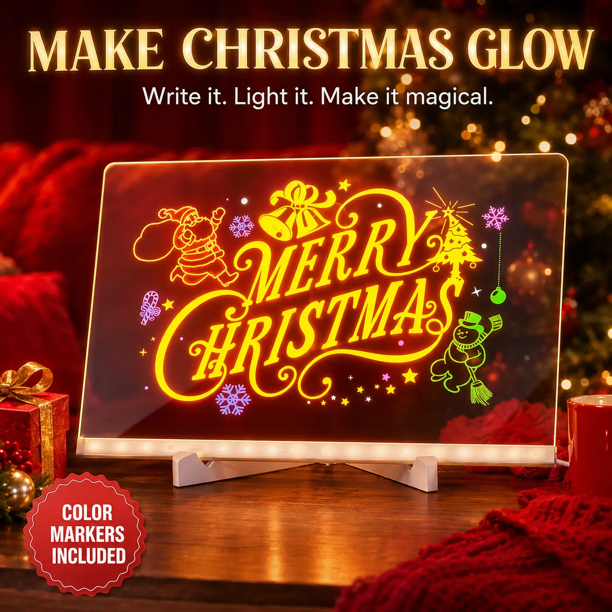 USB Powered LED Light Up Acrylic Message Board, Erasable Glow Writing Sign with Stand, 7 Color Markers & Cleaning Cloth, DIY Neon Doodle Memo Board, Aesthetic Desk Decor Holiday Christmas Display Light