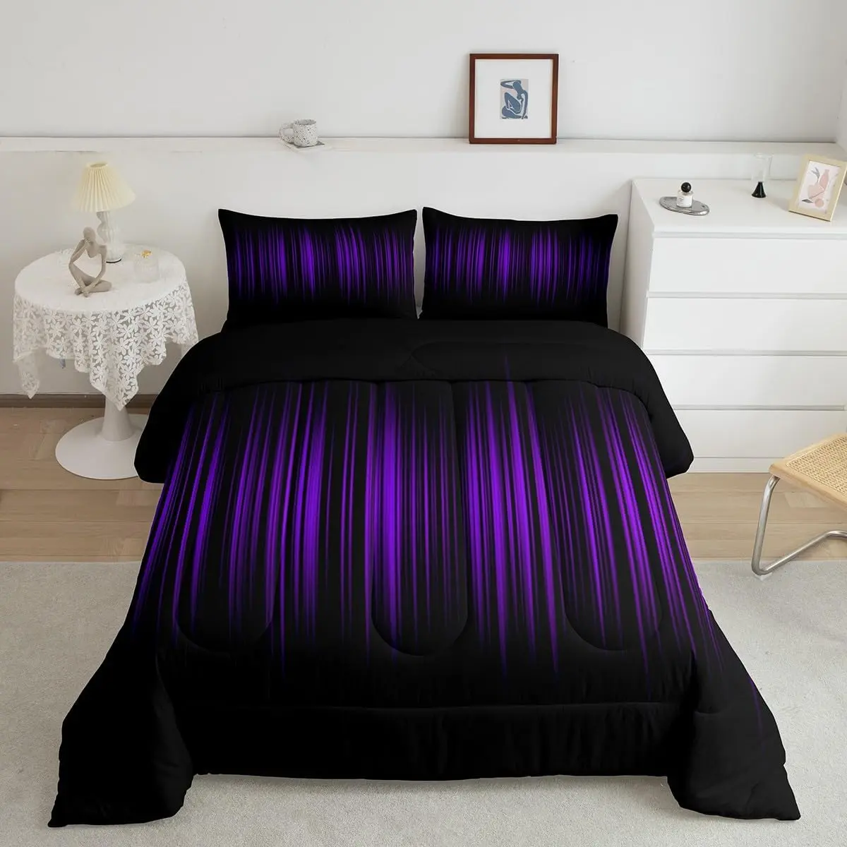 Abstract Ombre Purple-Black Gradient Lines Luxury Bed Comforter Set, Decorative Microfiber Designer Bedding Set, Twin Size Comforter, Decorative Bedding Set, Microfiber Bedding Set