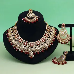 MAROON Imitation Pearls Featuring Kundan Stones n Meenakari Gold Jewelry Set