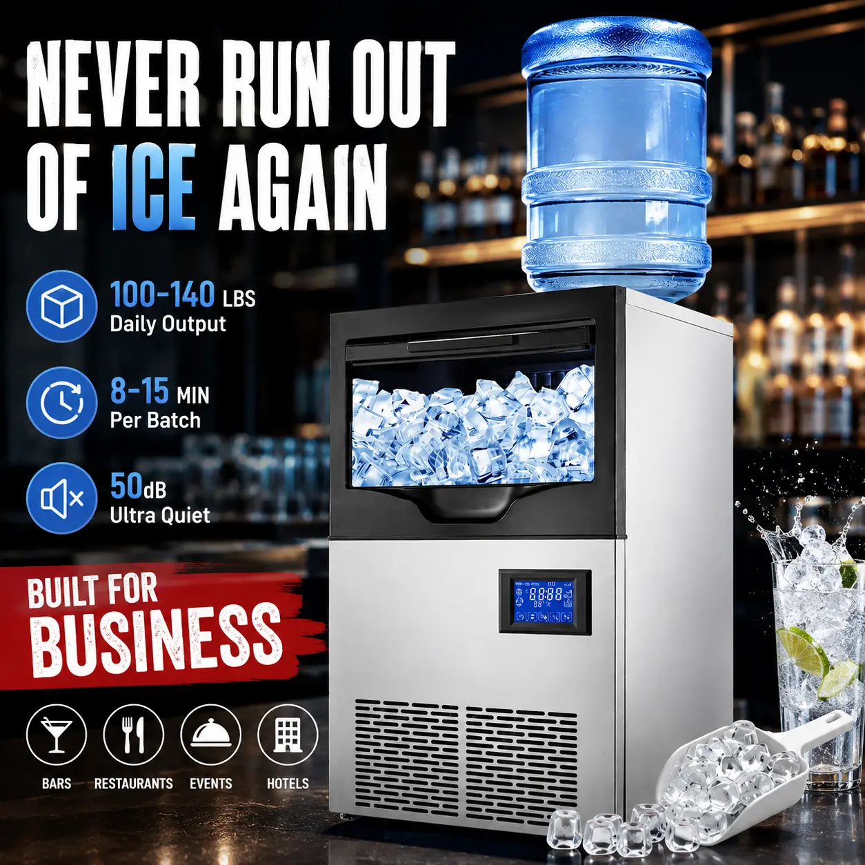 Commercial Ice Maker Machine Stainless Steel 100-140LBS Per Day, Freestanding Under Counter Built-in Ice Maker with LCD Display, Auto Self-Cleaning, Water Filtration, 3 Adjustable Ice Thickness for Cafe Hotel Office