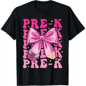 100% Cotton First Day Of Pre-K Girls Coquette Bow Back To School PreK T-Shirt
