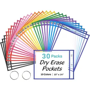 30 Packs   Dry Erase Pocket Sleeves with 2 Rings, 10 Assorted Colors 10x14 Ticket Holders, Clear Plastic Sheet Protectors, Teacher School Classroom Supplies