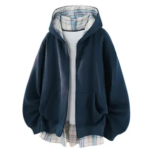Couple Matching Fake Two Piece Zip Hoodie Plaid Lining Contrast Hem Oversized Loose Hooded Jacket Lightweight Casual Daily Layer Outfit