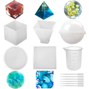 Molds 5 count  Casting Molds Including Sphere, Cube, Pyramid, Square, Round with 1 Measuring Cup & 5 Plastic Transfer Pipettes for  Epoxy, Candle Wax, Soap, Bowl Mat etc