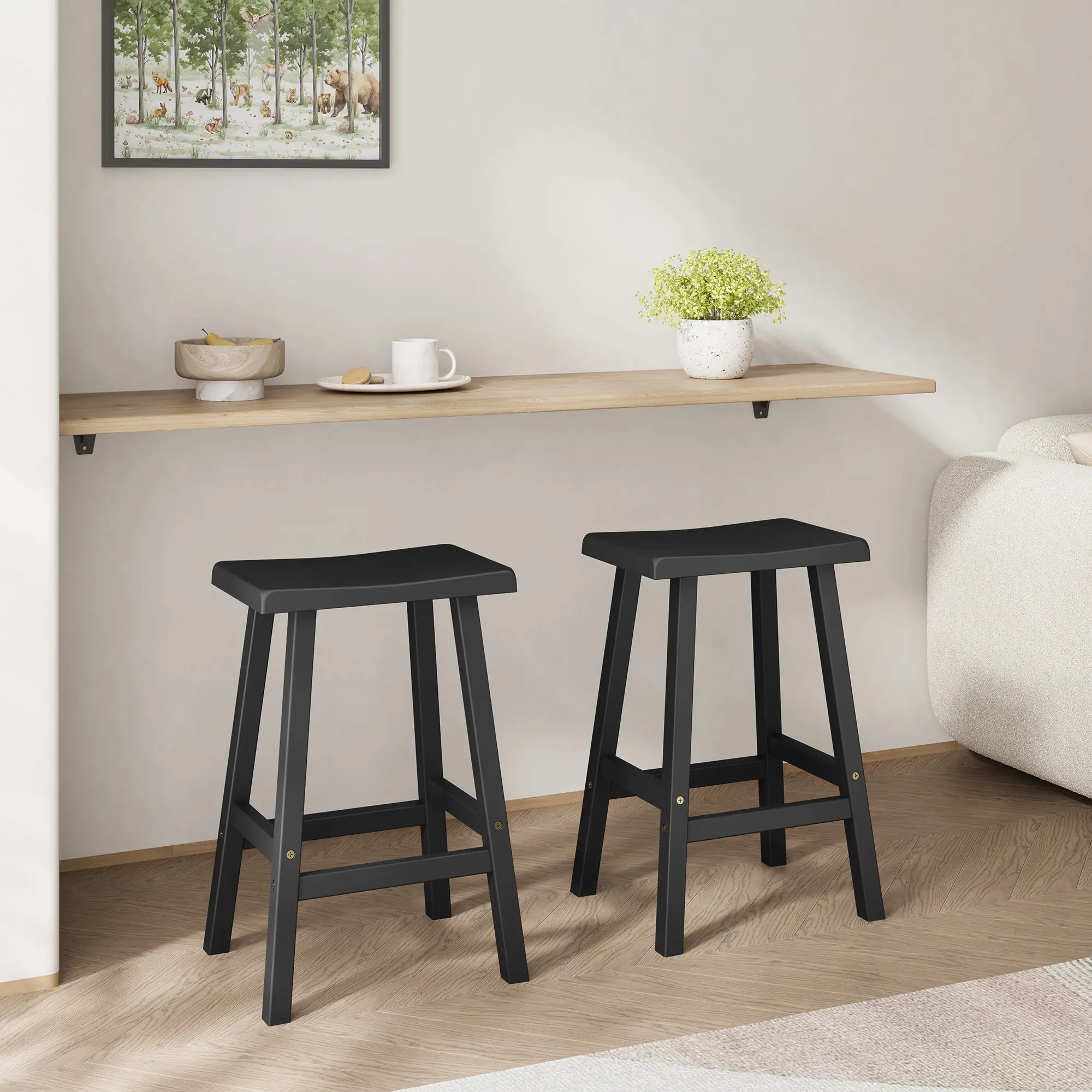 RIWENGO Set of 2 Wooden Saddle Bar Stools 24 Inch Height Seat with Footrests Industrial Style Kitchen Counter Stools for Restaurant Bistro Bar Home Dining