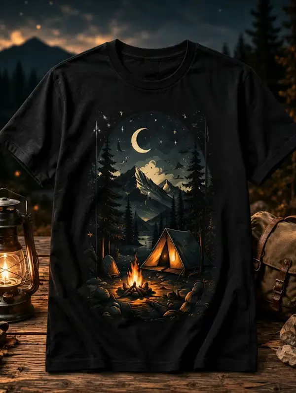 Men'S Forest Tent Campfire Graphic T-Shirt, Vintage Outdoor Style Loose Fit Crew Neck Tee for Spring Summer Fall Camping, Fishing And Daily Casual Wear