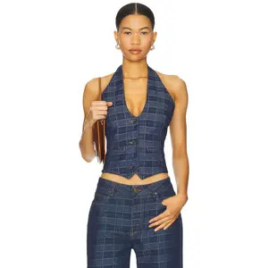 LIONESS Renewal Halter Top in Indigo Plaid