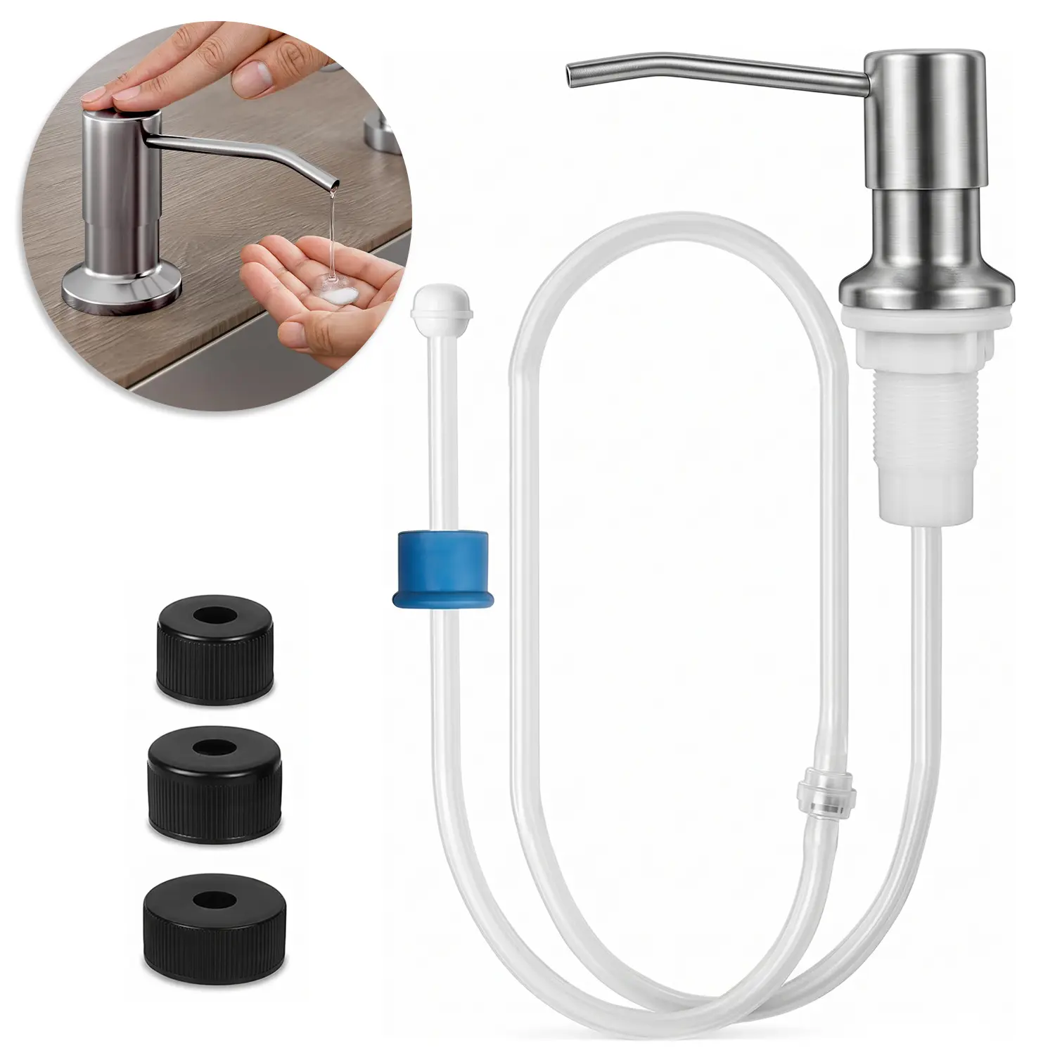 Kitchen Sink Soap Dispenser Kit Set, 47" Silicone Extension Hose with Check Valve, No-Refill Bottle Connector, Backflow Prevention, Easy Installation, Sink Accessory