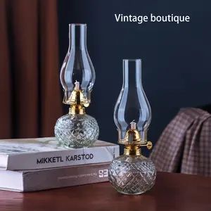 Vintage Glass Kerosene Oil Lamp with Brass Accents, Energy-Saving Crystal-Cut Design, Hurricane-Style Home Decor