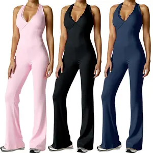 Women's Seamless High-Waisted Yoga Jumpsuit for Gym Running Training All-Season Athletic Wear Bodysuit Sleeveless Backless Slim Fit Halter Neck Activewear Clothing