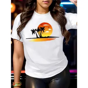 Women's Tropical Beach Sunset Graphic Tee - 100%, Casual Round Neck Short Sleeve T-Shirt, Breathable & Stylish, White with Palm Tree & Sun Design, Perfect for Spring/Summer Outfits, Spring Fashion | Tropical Graphic Tee | Breathable Fabric