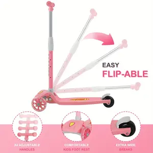 Pink Three-Wheel Scooter with Adjustable Height Tilted Steering Glowing Wheels Widen Deck Easy to Ride Party Gifts