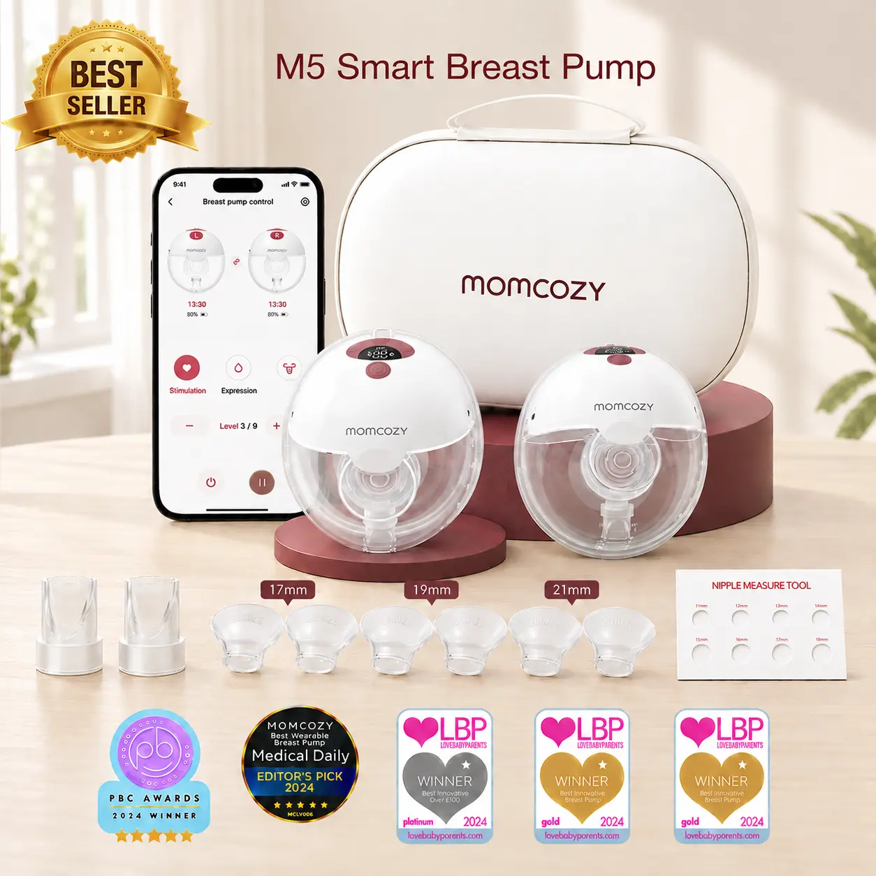 Momcozy  Breast Pump Hands Free M5 Smart APP & Non-APP Version, Wearable Breast Pump of Baby Mouth Double-Sealed Flange with 3 Modes & 9 Levels, Electric Breast Pump Portable - 24mm,A