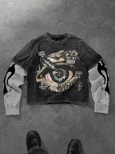 Men's Cyberpunk Eye Graphic Print Long Sleeve T-Shirt, Flame Sleeves, Graffiti Text, Soft Comfortable Fabric, Casual Streetwear, Menswear