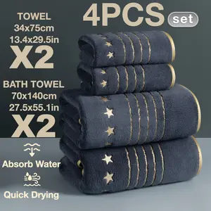4-Piece Gold Thread Embroidered Bath & Hand Towels Set, Premium Towel Set, Quick-Dry Super Absorbent Microfiber, Modern Simple Bathroom Essentials