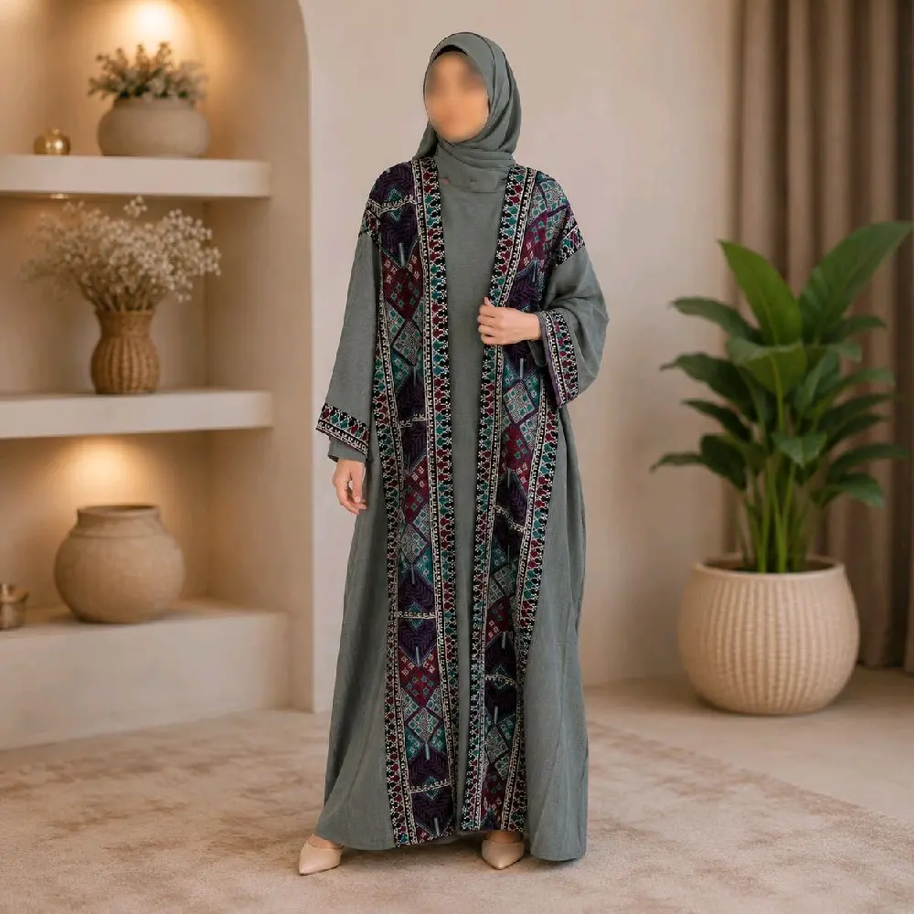 Women's Kashmir Embroidery Abaya Set, Including Short-Sleeve Inner Garment, Belt and Matching Hijab