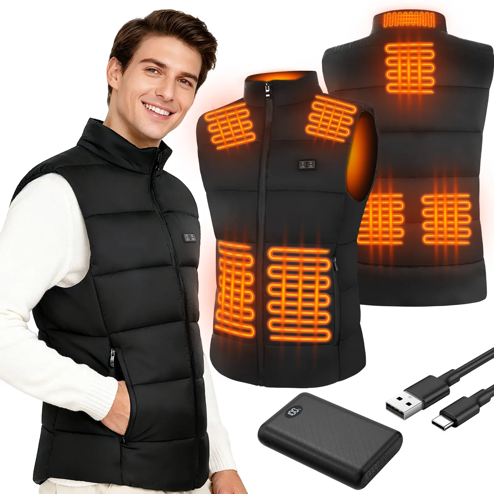Men's Infrared Heated Sportswear Vest - 10000 mAh Battery Pack, 8-Zone Custom Heating, 3-Speed Temperature Adjustable, Pockets, Drawstring for Winter Hunting, Skiing - Athletic Waistcoat Gilet, Tops, Activewear, Sleeveless, Work, Scoop Neck, Heated Vest