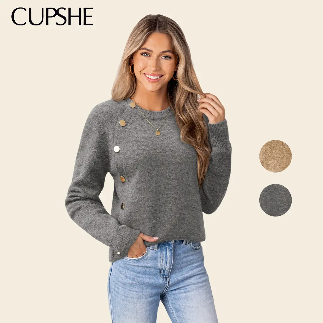 CUPSHE Women's Polyester Fitted Long-Sleeves Knit Sweater - Grey, Round Crewneck, Casual Minimalist Basic Early Fall Outfit (Black Friday Collection)