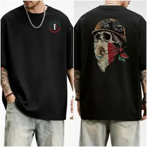 Men's Classic Cotton Fabric Round Neck T-Shirt - Unisex Dirty Hands Clean Money Skull Mexican Flag Graphic Top, Blue Collar Casual Menswear Gift